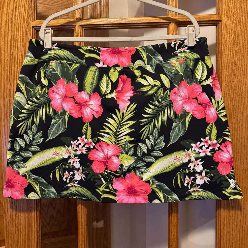 EUC TOMMY BAHAMA SZ XL AUBREY ISLAND ZONE SKORT SKIRT BLACK FLORAL TROPICAL